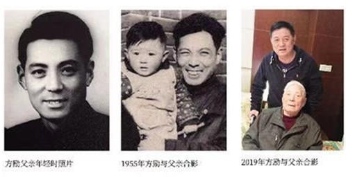 图片分别是：方励父亲年轻时的照片；1955年方励与父亲合影；2019年方励与父亲合影